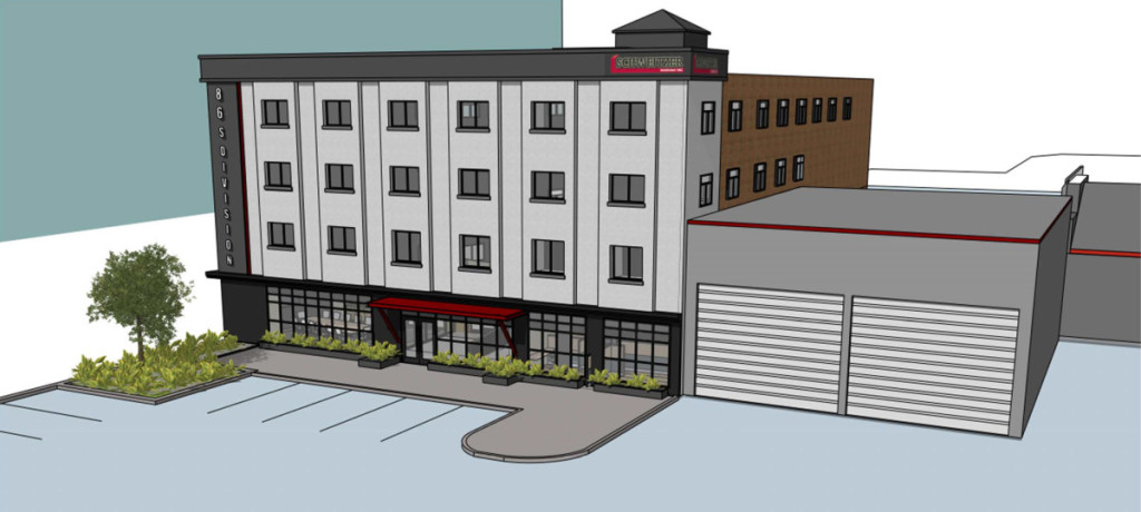 Rendering of exterior renovation plan for Schweitzer Inc.’s new headquarters at 86 S. Division Street in Battle Creek.